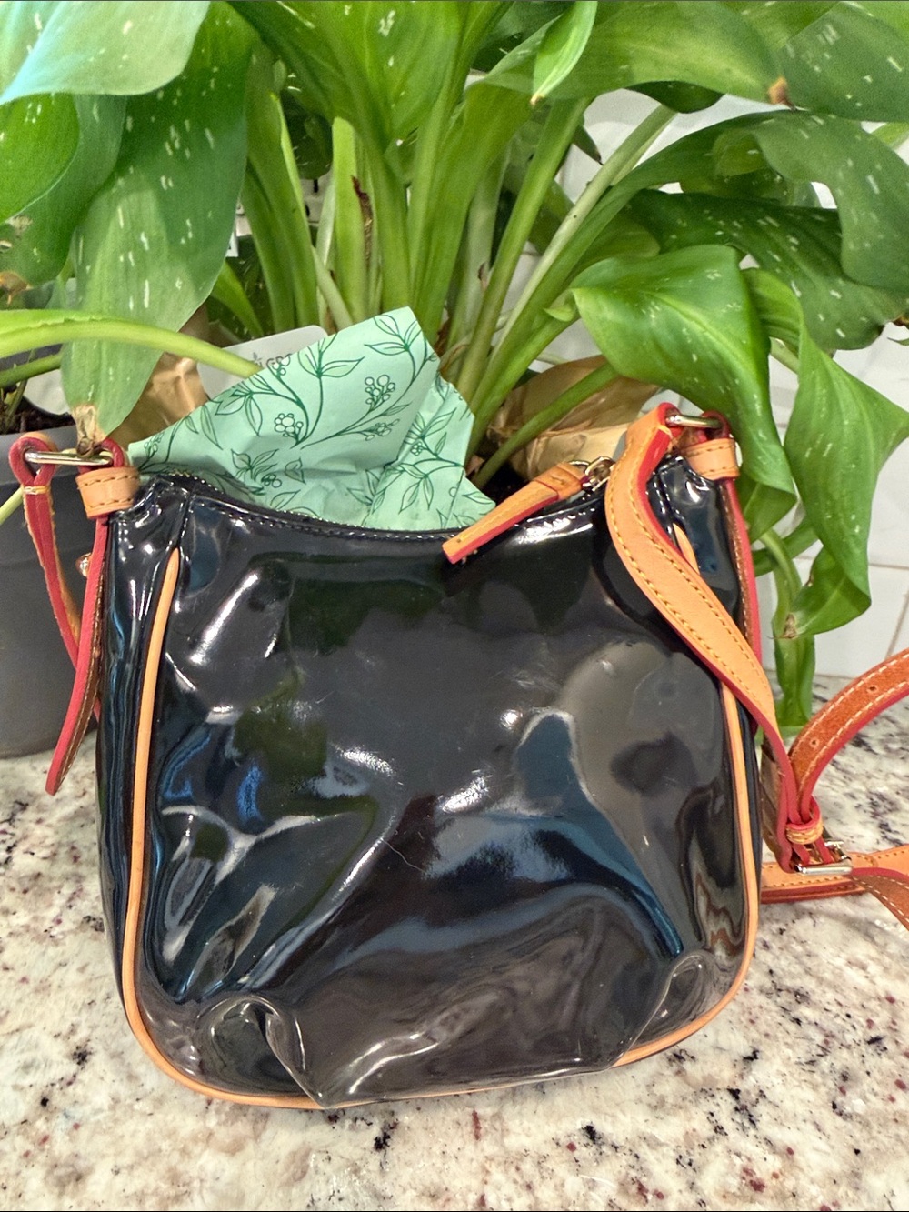 Dooney & Bourke Black Patent Crossbody with Tan Trim - Picture 7 of 15